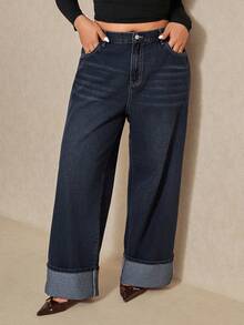 Elaquor 大码休闲水洗弹力腰直筒牛仔裤 - 深色水洗藍 - 查看 5