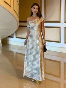Livesso Elegant Sequin Embellished Asymmetrical Shoulder Midi Dress For Women Sundress - Champagne - View 3