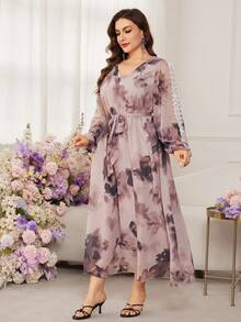Modelyn Vestido maxi de manga larga elegante, intelectual y hermoso para mujeres de talla grande, con estampado de teñido anudado y patrón floral romántico de vacaciones en gasa de estilo elegante - Multicolor - Ver 3