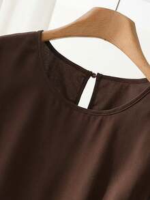 CosyJoli Plus Size Women Comfortable Cap Sleeve Embroidered Hem Blouse, White Casual Shirt For Commuting, Dating, Vacation, Spring/Summer - Brown - View 5