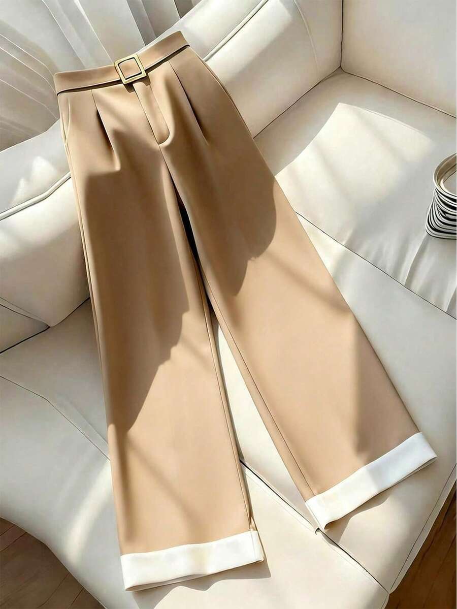 GlowEve CURVE 大码女式撞色褶皱阔腿宽松休闲裤 - 卡其色 - 查看 1