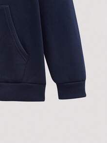 Open Phase Men's Casual Everyday Commute Minimalist Printed Kangaroo Pocket Drawstring Hoodie, Autumn/Winter - Navy Blue - View 3