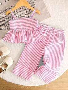 SHEIN Bộ đồ nữ sinh trẻ phong cách thường ngày, thích hợp cho kỳ nghỉ, đi học, đường phố: áo hai dây dáng chữ A phối họa tiết kẻ sọc và quần ống rộng phối họa tiết. - Hồng - Xem 2