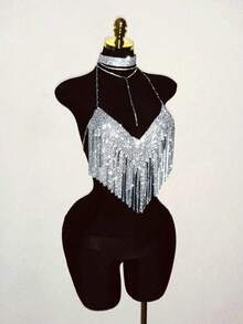 EgrlEra Women's Metal Spaghetti Strap Necklace, Fringed And Shiny, Suitable For Music Festival And Party Outfits - Silver - View 5