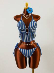 Swim Vcay 2026 New Thin Strap Spaghetti Strap Blue Textured Fabric Backless Side High Cut Tie Bikini Swimsuit 2-Piece Set For Women - Blue - View 3