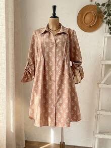 Rusticease Đầm sơ mi dài tay cài cúc đơn xếp ly thêu hoa dành cho nữ cỡ lớn - Nhiều màu - Xem 6