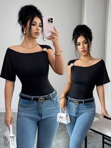 Elenzga Asymmetrical Asymmetric Shoulder Design Slim Fit Women T-Shirt - Black - View 1