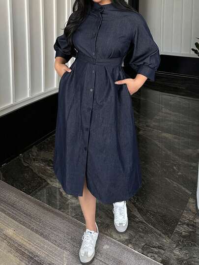 Dazy Plus Casual Midi Dress With Denim Effect Collar, Cinched Waist, Contrast Color Lantern Sleeves