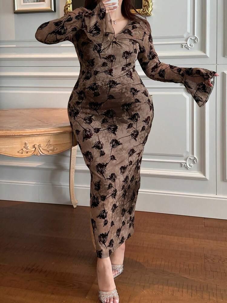 Dazy Plus Elegant Party Dress Floral Print Bodycon Flare Sleeve Maxi Dress For Plus Size Women, Spring/Summer Sundress