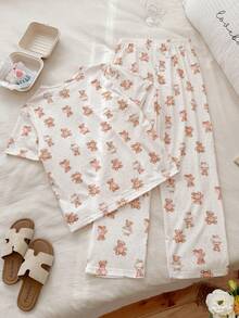 Vintaside Kids Bộ đồ thể thao mùa xuân hè cho bé gái gồm áo thun cổ tròn tay ngắn in hình gấu bông dễ thương, phối cùng quần in hình gấu bông dễ thương, thích hợp mặc ở nhà, đi mua sắm hàng ngày. - Màu be - Xem 2