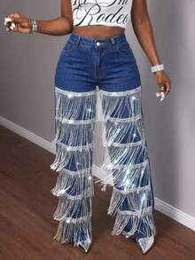 Slaydiva Jeans di moda decorati con paillettes multicolore e nappe - Blu lavato scuro - Visualizzare 8