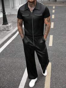 Manfinity CasualCool 男士牛仔背带裤，时尚宽松连体裤，带口袋，粉色，男女皆宜，情人节服装，情人节礼物 - 黑色 - 查看 3