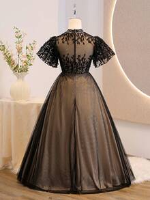 Tween Girl Floral Embroidery Mesh Splice Elegant Party Dress With Stand Collar - Black - View 2