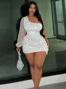 Slaydiva Plus Size Women Solid Color Sequin Contrast Mesh Lantern Sleeve Sexy Elegant Dress - White - View 5