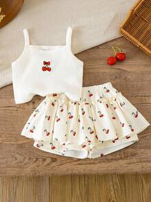 LMoss Kids 两件套女童针织纯色樱桃图案吊带背心和短裤套装 - 彩色 - 查看 1