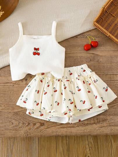 LMoss Kids 2 st. stickat set för enfärgat, körsbärsfärgat linne och shorts för flickor