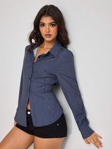 Aidyla 女士格子纽扣长袖衬衫，后背系带，通勤和街头服饰皆宜 - 藍白色 - 查看 7