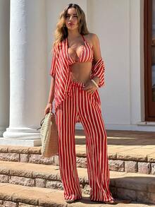 Swim Vcay Women's Beach Vacation Casual Special Texture Knit Fabric Short Sleeve Cover Up And Loose Drawstring Waist Pants 2 Pieces Set, Spring/Summer - Red and White - View 3