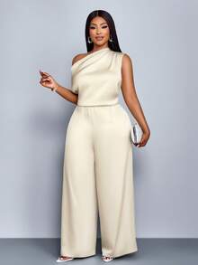 SOLERSUN Quần áo nữ bốn mùa cỡ lớn thời trang đi làm màu trơn thanh lịch ngày du lịch rộng rãi giản dị đơn giản màu mơ vải satin hở vai cổ áo bất đối xứng xếp ly vai tay ngắn quần ống rộng, quần dài lụa băng cho kỳ nghỉ xuân hè - Màu be - Xem 2