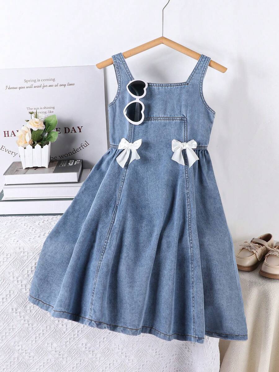 SHEIN Girls' Stylish Denim Suspender Dress, Soft Washed Denim Princess Dress, Summer New Design - Blue - View 1