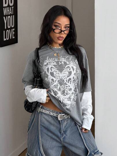 Coolane Women's Winter/Fall Streetwear Casual Hippie Preppy Grunge Punk Goth Cotton Graphics Oversized Long Sleeve T-Shirt