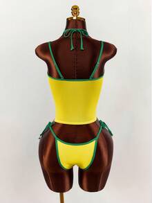 Amplova 3pcs Women's Swimsuit Set, Yellow-Green Contrast Brazilian Pattern Print, Including Camisole Top, Suitable For Party, Date, Vacation - Multicolor - View 2
