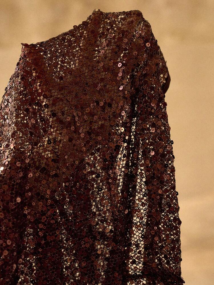 ELEGANT BEADED & SEQUIN BLING EMBROIDERED DEEP V-NECK AMBER RING DECOR FLARE SLEEVE CASUAL BOHEMIAN BEACH COVER UP DRESS , BROWN