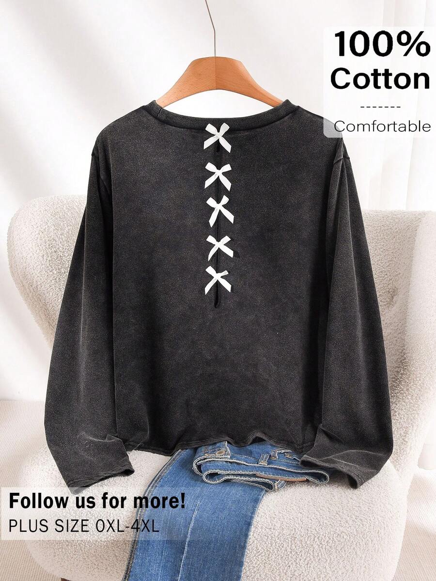 CosyJoli Plus Size French Style Hollow-Out Bow Striped Knit Sweater - Black - View 1