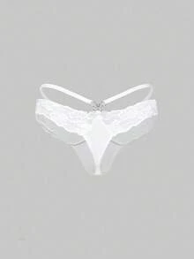 ROMWE J-Fashion Y2K蝴蝶水钻蕾丝拼接女士丁字裤 - 白色 - 查看 2