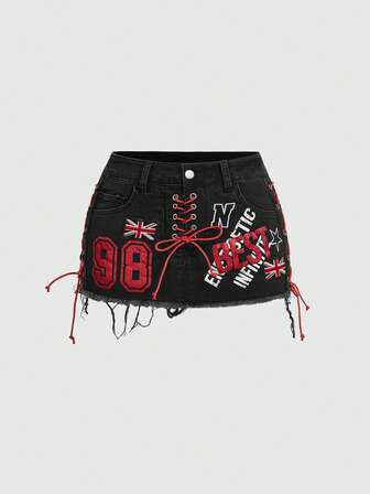 Grunge Punk Sports Style UK Flag Patch Contrast Color Drawstring Design Super Low Waist Denim Bodycon Mini Skirt