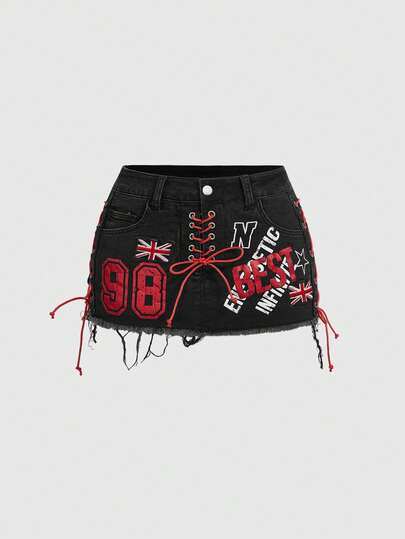 Grunge Punk Minifalda ajustada de mezclilla con diseño de cordón y parche con estilo de bandera del Reino Unido en contraste de color y talle súper bajo