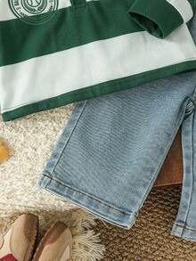 SHEIN Playful Pals 2pcs Baby Boy Casual Sports Collegiate Striped Polo Shirt And Blue Denim Jeans Set, With Badge And Numeral Print, Suitable For Layering With Jacket, Sports, School, Holiday, Travel, Winter Boys Outfit Sets 2 Years Old 24 Months Boy Set Baby Boy Clothes Long Sleeve Baby Boy Casual Set - Green - View 7