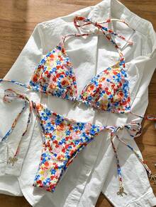 Swim Mod 2件套 女士夏季随机印花露背蝴蝶结吊坠比基尼泳衣套装 - 彩色 - 查看 1