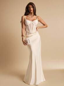 SHEIN BAE Chân váy đuôi cá bằng satin màu mơ phối ren, thanh lịch, thích hợp cho các bữa tiệc, sự kiện cocktail, váy sinh nhật, váy phù dâu, trang phục khách mời đám cưới, mùa xuân/hè. - Màu be - Xem 1