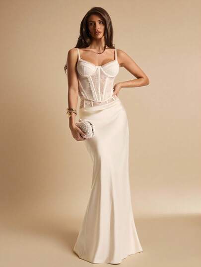 SHEIN BAE Aprikosfärgad spetsmönster elegant satinkjol med sjöjungfrumönster, Aprikosfärgad elegant kjol, Lämplig för fester, cocktailevenemang, födelsedagsklänningar, brudtärneklänningar, bröllopsgästklädsel, vår/sommar