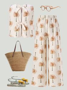SHEIN 2pcs Girls Coconut Tree Print Bow Backless Camisole And Wide Leg Pants Set - Apricot - View 5