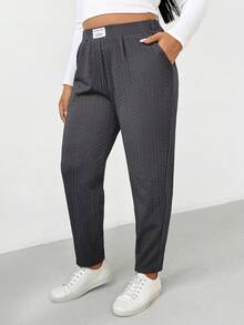SHEIN Essnce 大码女装秋冬时尚休闲舒适日常修身纹理面料黑色弹力腰锥形裤，秋季女装下装，简约风格，曲线裤，工作裤 - 深灰色 - 查看 4