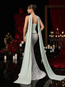 Glamrae 优雅奢华的钻石珍珠亮片花卉网纱拼接弹力针织美人鱼裙，配有垂坠雪纺荷叶边，适合婚礼、派对、舞会、度假、宴会等场合。 - 綠色 - 查看 7