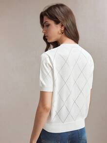 BizChic 新款春夏圆领菱形镂空图案防起球丝滑针织女式上衣，休闲百搭日常穿着 - 白色 - 查看 9