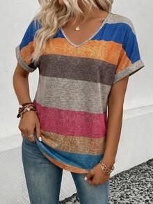 Nueva moda Camiseta de manga corta de mujer casual y versátil con textura de punto y estampado de rayas de colores - Multicolor - Ver 3