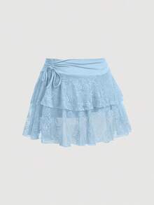SHEIN MOD 大码女式黑色蕾丝抽绳腰迷你裙，新年、锐舞派对、Y2K风格服装、性感半身裙、西部风女装、夏季女装、乡村风服装、情人节、邮轮度假性感装扮 - 藍色 - 查看 5