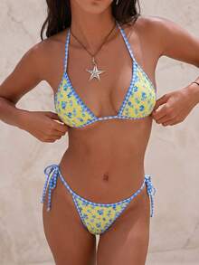 Swim Mod Women's Elegant Sweet Floral Plaid Trim Backless Bikini Set, 2pcs, Suitable For Spring/Summer - Multicolor - View 3