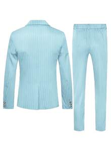Manfinity Mode Men's Striped Print Peak Collar Double-Breasted Suit Jacket And Pants Set, Business/Party/Banquet - Blue - View 2
