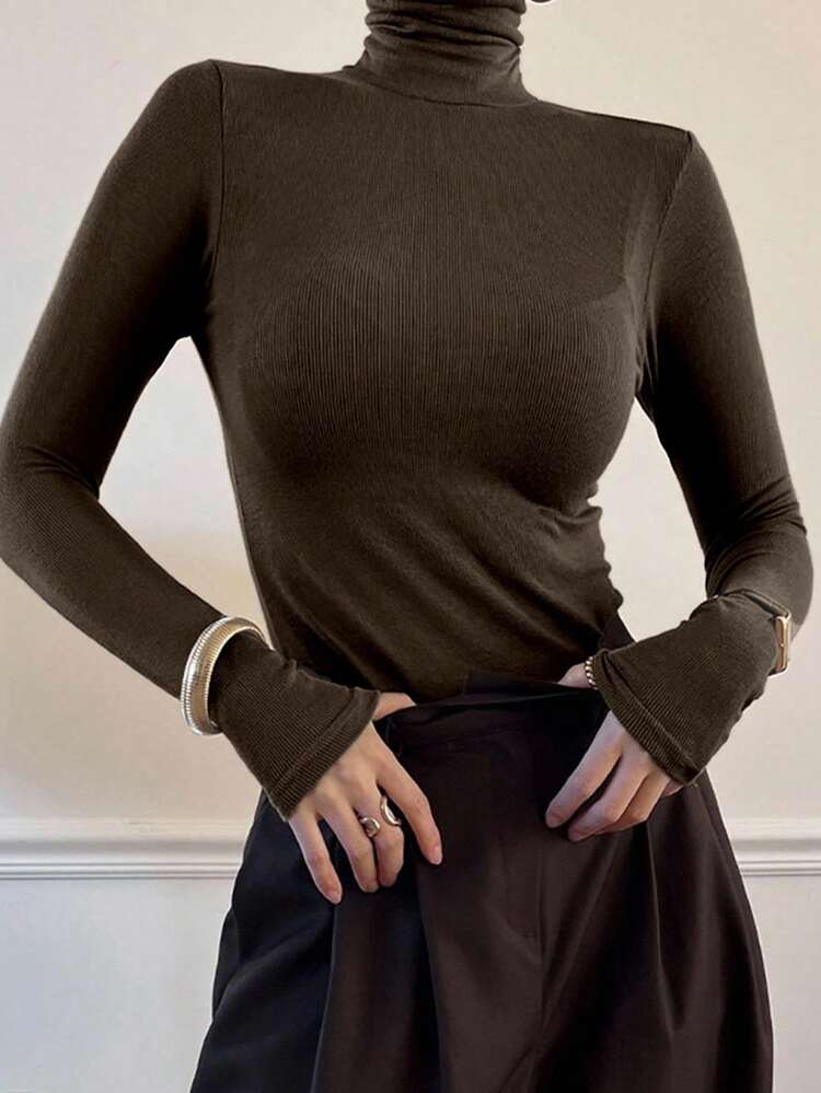 Women's Solid Color Long Sleeve Turtleneck Pullover T-Shirt, Autumn/Winter