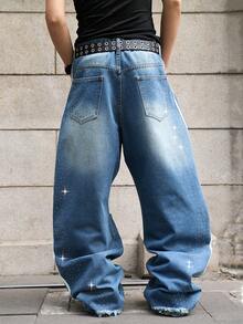 Manfinity EMRG Unisex  Distressed Pocket Design Flared Leg Jeans With Rhinestone Embellishment, Versatile For Daily Wear - Medium Wash - View 2