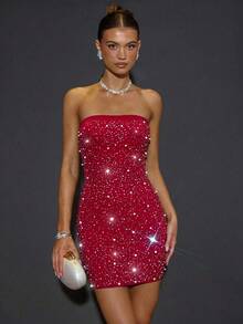 SHEIN BAE Red Heavily Embellished Rhinestone Mini Dress, Bustier Style Solid Summer 70s Party,Formal Event Gala Festival Halloween Christmas Mini Dress - Red - View 4
