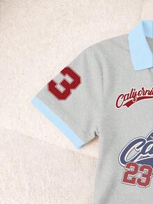 Rovax Áo polo tay ngắn cổ bẻ phối màu tương phản in chữ dành cho nữ, kiểu dáng thường ngày. - Xám - Xem 3