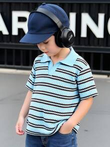 SHEIN Genkimix Kids 1件男童休闲学院风华夫格条纹针织V领polo衫，适合春夏穿着。适合上学和居家穿着。 - 藍色 - 查看 3