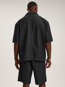 Musero Short Sleeve Dropped Shoulder Boxy Fit Revere Collar Button Through Shirt Style Denim Top Spring Summer Essentials - Black and White - View 4