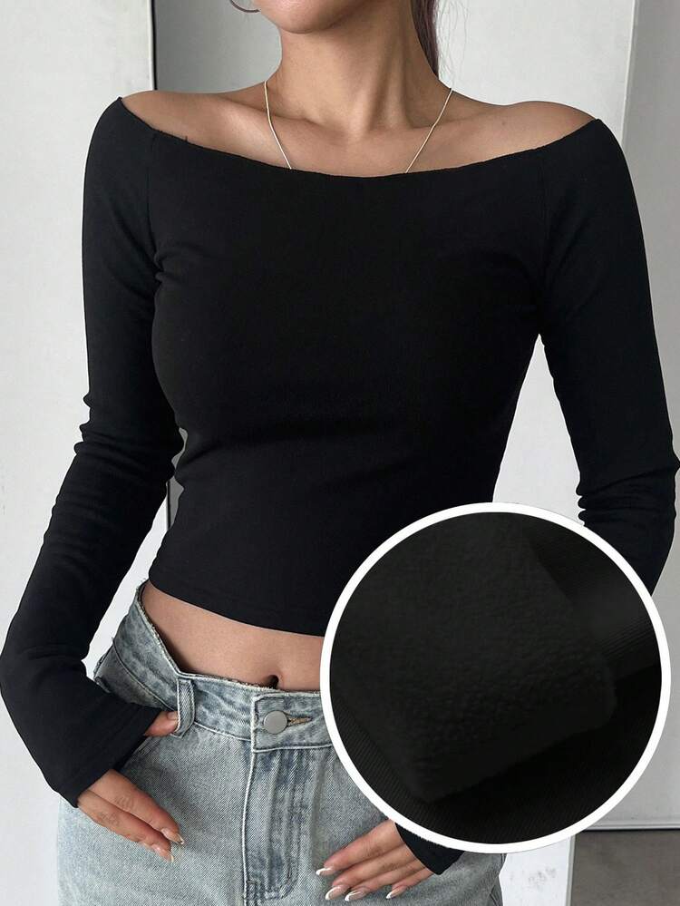 Women's Crew Neck Solid Color Thermal Lined Thermal Tight Fit Thick T-Shirt Off The Shoulder